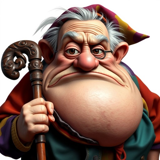 Create a grouchy funny old character who has 1 eye patched. Make him fat with a cane. Show his whole character head to toe in image 