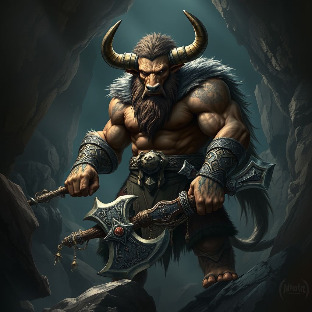 DnD 3.5e Minotaur holding a massive great axe standing alone in a cave