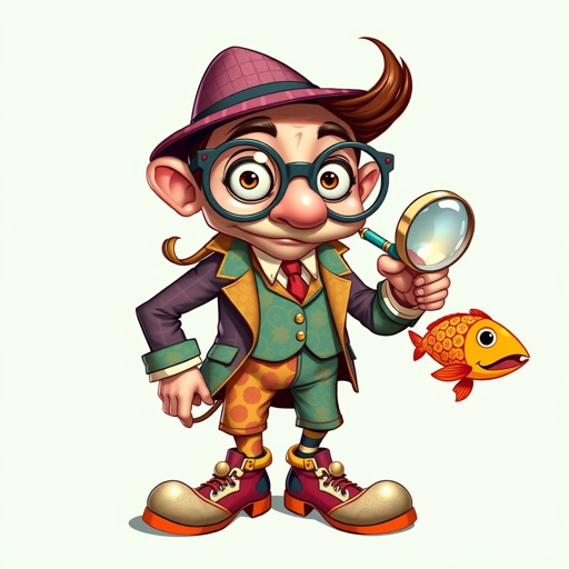 Create a character who is a goofy looking detective, who is confident. But funny looking. With cool shoes on.