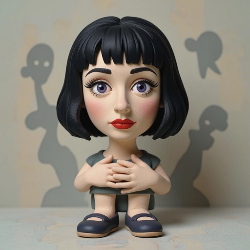 Show her shoes and entire body. Create mysterious woman jet-black hair is cut sharp to her jawline, and her violet eyes seem to pierce through darkness. A shadowy aura clings to her form, faint shapes shifting and flickering behind her like whispers of another realm. Show whole body head to toe