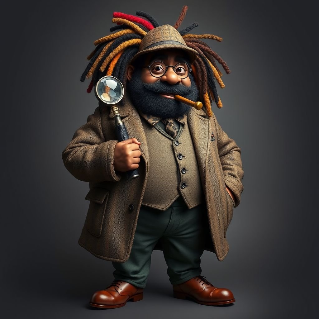 Create a funny fat character similar to Sherlock Holmes, but make him of black decent and with dread locks. Show his whole outfit including his shoes.