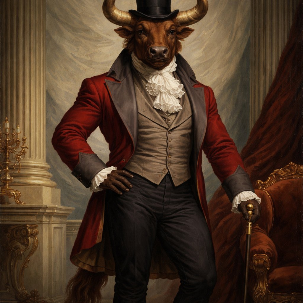 A captivating chestnut brown male Minotaur that’s 6 1/2 feet tall with well~proportioned figure/body with deep set cattle like brown eyes, large powerful gleaming horns like his fathers, a , long tail. He works at freak show as the ringmaster and his abilities are Reality Rejection, Time Manipulation (Chronokineses), Zoolingualism (Language of Cattle only), Human Speech. His outfit consists of a crimson tailcoat, frilly shirt, stunning grey blazer, black pants and top hat.