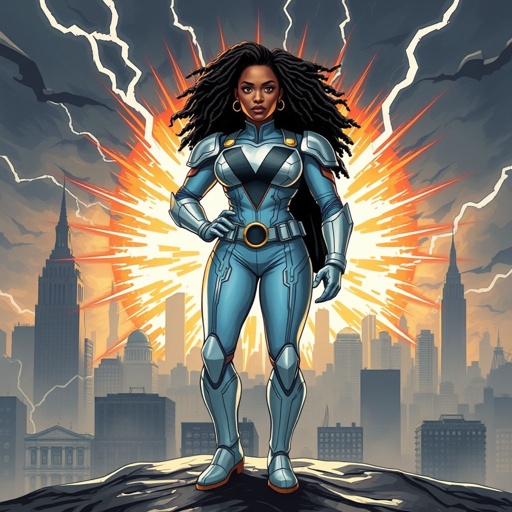 African American female superhero with locs in a shoulder length style wearing a leather slightly armored light blue and silver suit with light blue pants and silver boots and a V as her chest emblem standing in Philadelphia during a storm