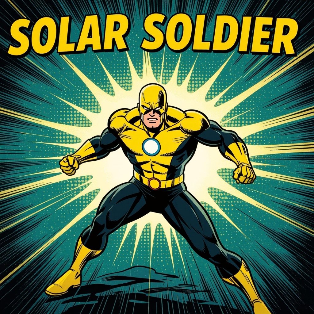 SOLAR SOLDIER. Blinding yellow and white bodysuit