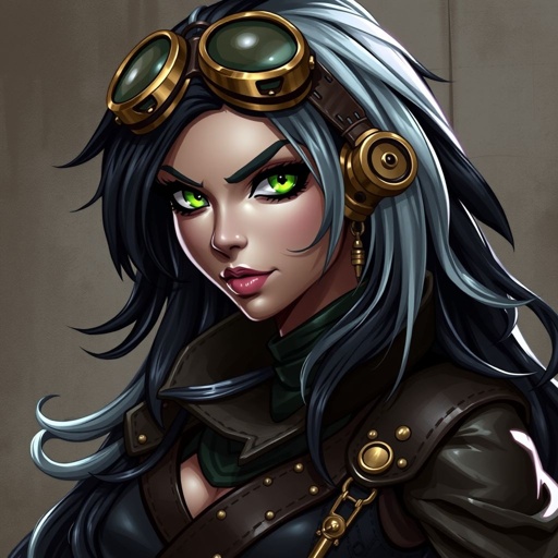 Her name is Metal Moxie. She has green eyes. She has long ebony hair with a silver streak on the left side of her part. She is edgy, sharp, intelligent. She is fierce, independent and stands for justice and equality and freedom