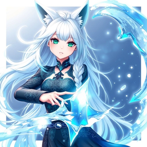A pale teenage girl. Hair as white as snow with cyan tips, emerald eyes and small fox ears wearing mystic royal black top and trousers conducting ice (Russian themed)