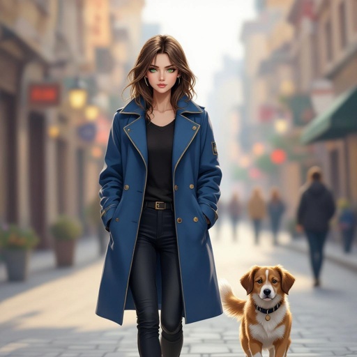 Light brown hair with a streak of white in his hair with one green eye and one black eye. He wears a sleeveless blue long coat with a gold outline  