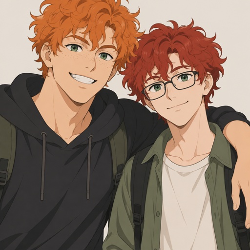 Twin brothers teenagers ,orange and red curly hair,green eyes,light skin,one brother is taller and stronger with freckles, the other brother is thinner,no freckles,wears glasses,both smiling 