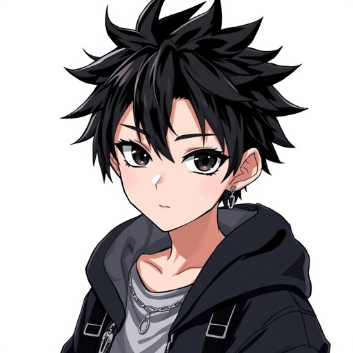 Create a teenage goth boy who has black hair, black eyes, pale skin and his attire is black.