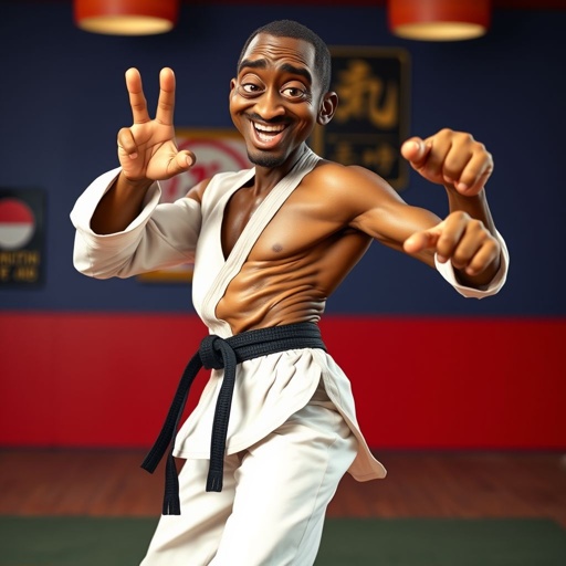 Create a character who looks like a funny African karate guy who doesn’t have a clue what he is doing. Make him have weird toes, only speedos on and a black karate belt. Make him tall skinny and slinky.