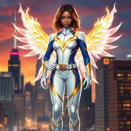 A teenage African American female superhero with brown hair with gold highlights in a shoulder length side part hairstyle with pure Gold Glowing eyes wearing a white suit with gold and royal blue with white pants and gold and white knee length boots with a utility belt with a gold V as her chest emblem with glowing wings made of white fire in Philadelphia