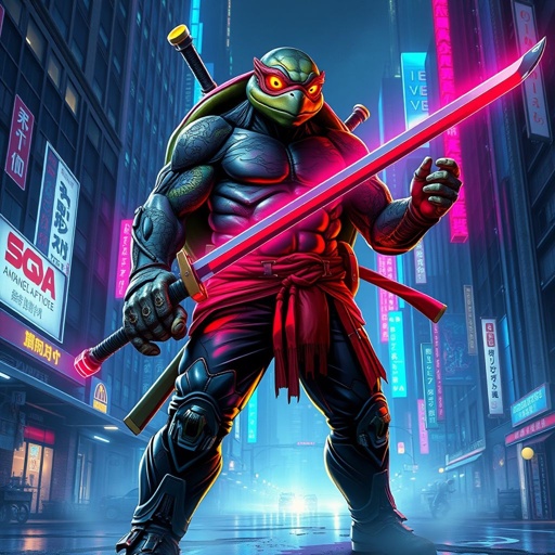Tall powerful turtle ninja, with many battle scars, a long katana strapped to his shell, black pants with a red belt