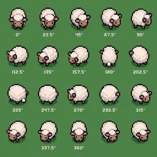 Sheep for a fantasy game set in modern times, top-down style, 360, different colors