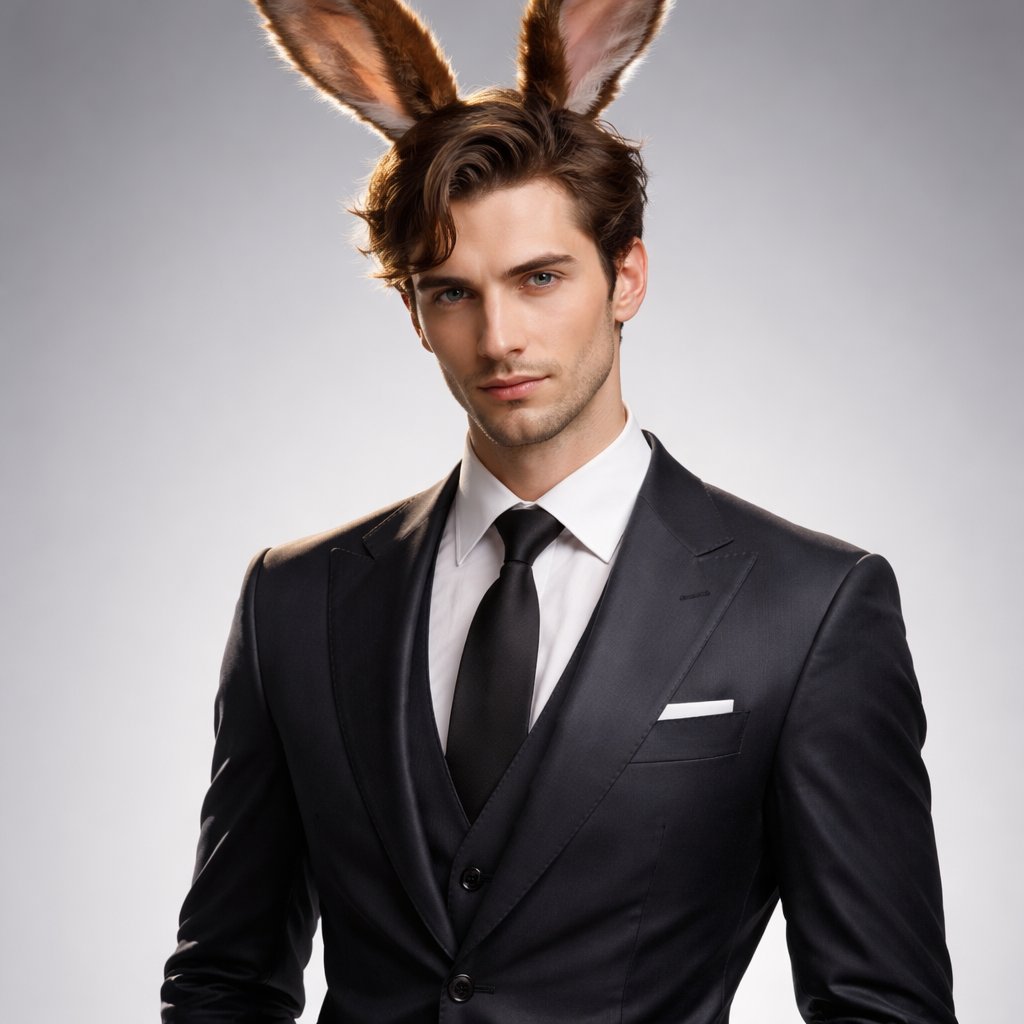 Man with brown bunny ears in a suit