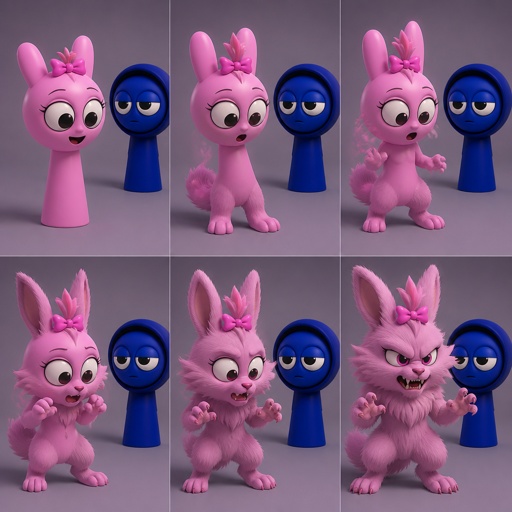 Pinki from Sprunki turning into her kind Wererabbit self in front of Jevin From Sprunki with her legs and tail transforming first and then her arms and then her ears and her neck fluffs up and then her face and the fur on her cheeks stick out the sides with her Pink bow being held by the tuft of hair on her head 