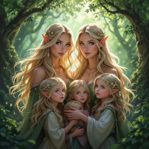 Twin women’s with blond hair and their two sets of twin children 