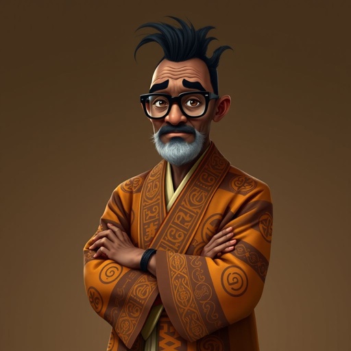 Create a funny looking African sensei. Show the whole character from head to toe and make him serious. 