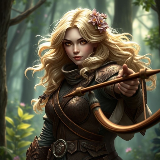 Female huntress with long blonde hair and brown eyes