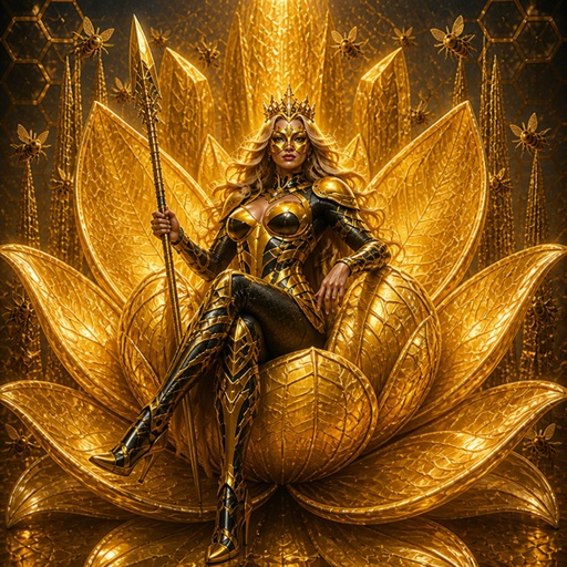 a woman sitting on top of a golden flower