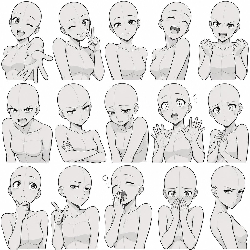 Different face expressions half body drawing base, dynamic,