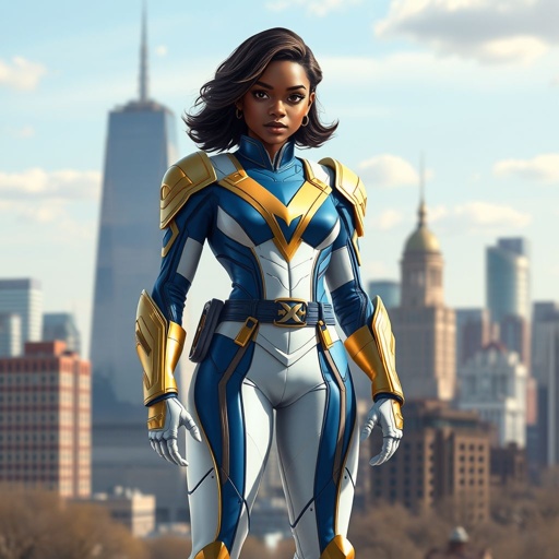 A teenage African American female superhero with slightly curly hair in a shoulder length side part style wearing a polyester armored white and blue suit with gold accents and a stylized V as her chest emblem a utility belt and gold boots standing in Philadelphia