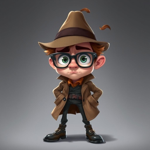 Create a character who is a goofy looking detective, who is confident. But funny looking and grouchy . With cool shoes on.