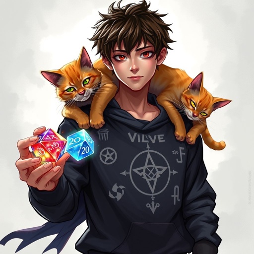Guy with short dark brown hair with black sweatshirt. He has 1 orange cat on his right shoulder. He holds 2 epic looking 20 sides dice in left hand