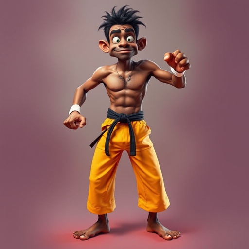 Create a character who looks like a funny African karate guy who doesn’t have a clue what he is doing. Make him have weird toes, only speedos on and a black karate belt. Make him tal skinny and slinky.