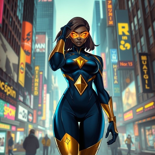 African American female superhero with hair in a shoulder length side part hairstyle with pure Gold Glowing eyes wearing a navy blue and gold accented suit with navy blue pants and gold knee length boots with a diamond with the top half gold and the bottom half black as her chest emblem in Philadelphia