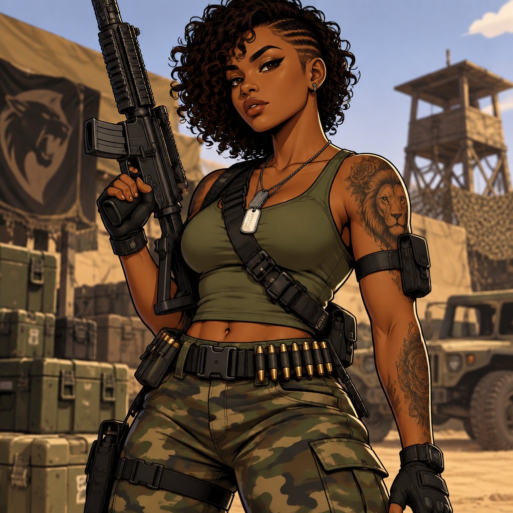 Female, African American, curly half cut hair, green tank top, camo pants, belt with bullets, fingerless gloves, dog tags, belt across chest, arm strap, tattoos, gun
