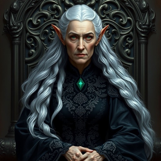 A old elf queen sitting in her throne with all black on