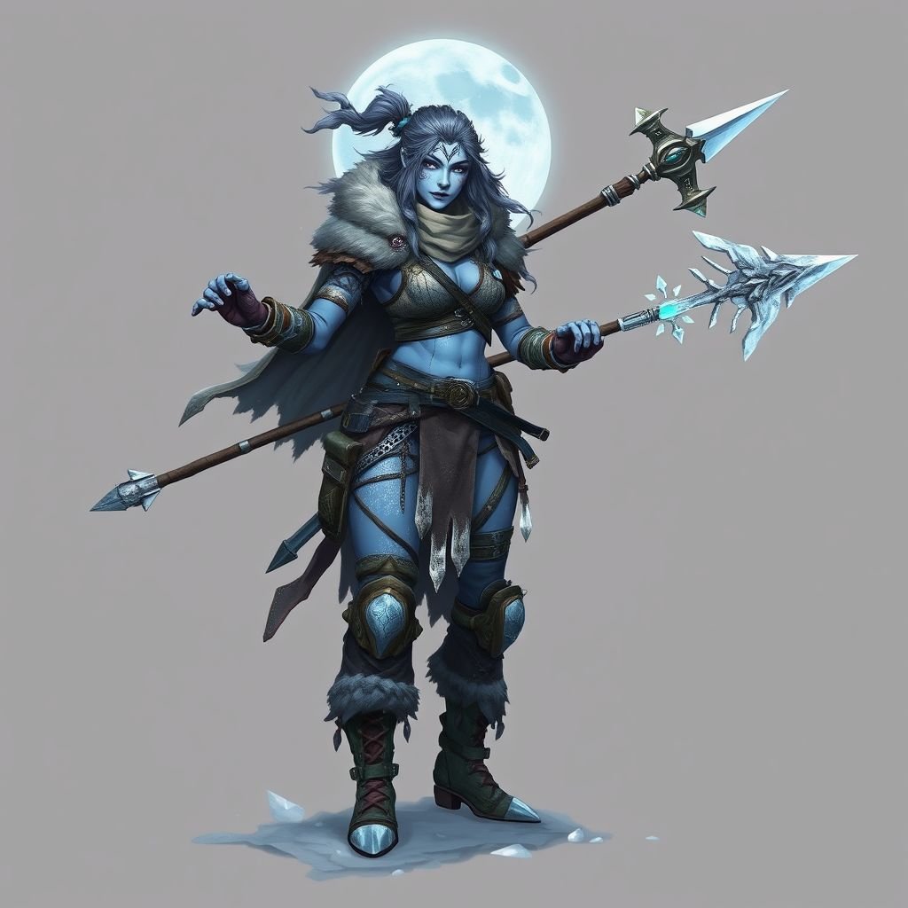 Create a battle woman hero called Alvara the Frostheart. Show full body head to toe including shoes