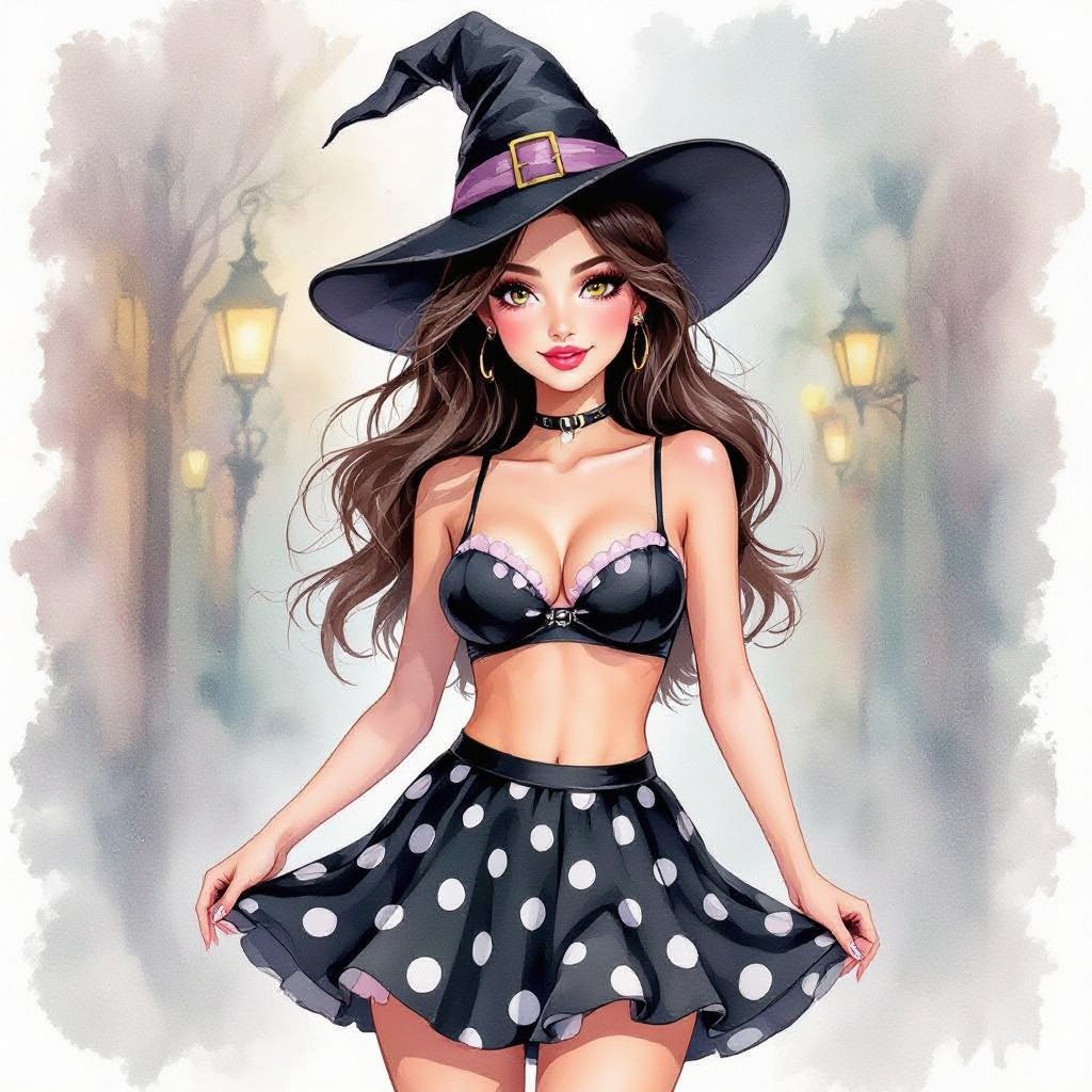 Brunette witch elf in a tight black and white polka dot mini skirt and witches hat. Cute pink Bra