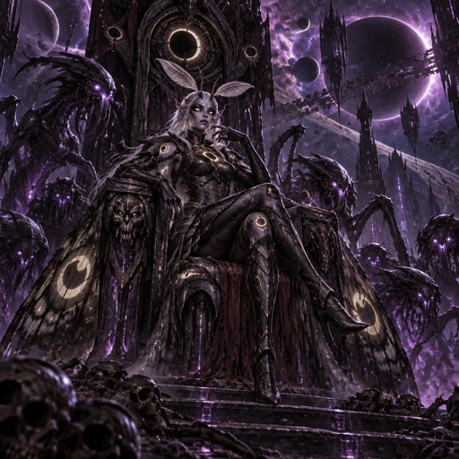 a demonic looking creature sitting on top of a giant chair