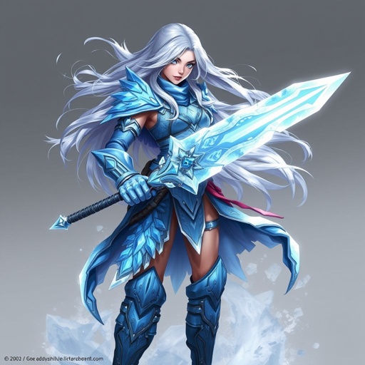 Create a battle woman hero called Alvara the Frostheart. Show full body head to toe including shoes 