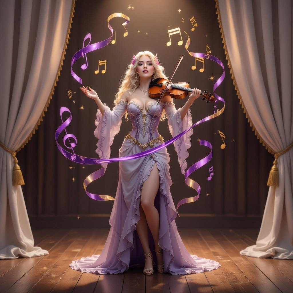 🎨 Render Prompt — Evangeline Ivey, “The Lady of Layers” (Parody of Lingerie)  A semi-realistic fantasy stage portrait of Evangeline Ivey, Fierna Tiefling Bard of the College of Glamour, performing her satire “The Lady of Layers.”  The scene takes place on an ornate candle-lit stage with ivory curtains and wooden floorboards glimmering under soft gold light.  The air carries drifting ribbons of violet and gold magic, shaped like musical notes that coil around her as she performs.  Appearance Porcelain-pale skin (#F3EDEB), long silver-white hair (#D6D6DA) cascading in styled curls, amber-gold eyes (#C88C21) alive with humor.  Symmetrical dark brown ridged horns (#4A3A2C) sweep gracefully back from her brow.  Her tail matches her skin tone, tipped red-and-black, poised behind her like part of the choreography.  Outfit – “The Lady of Layers” (Mock-Lingerie Parody) A parody of opulent lingerie turned into theatrical armor of excess. •  Base: cream silk corset with exaggerated boning and embroidered seams labelled with golden script such as “EXHIBIT A” and “DISPLAY MODEL.” •  Overlays: unnecessary straps, garters, and ribbons looping decoratively across her limbs; some end mid-air, attached to nothing. •  Each motion sets off tiny golden bells or charms sewn into the lace, turning sensual movement into comic percussion. •  Fabrics alternate between cream (#E9DFC7), deep red velvet (#AA1E1E), and gold thread (#C9A33A), echoing her harlequin palette. •  Matching high heels glint with gem inlays; every detail feels deliberate and over-designed.  Pose & Expression Full-body to the shins, 2:3 aspect.  Evangeline stands mid-bow, one hand on her hip, the other sweeping outward in grand presentation.  Her expression carries an amused smirk, eyes bright with mock pride—aware of the ridiculous excess yet utterly commanding it.  Lighting & Tone Warm candlelight key, soft rim outlining her silhouette.  The stage glows like polished honey; violet and gold reflections ripple across her corset and hair.  The atmosphere is decadent, clever, and ironic—glamour turned back on itself.  Mood A master performer exposing the mechanics of allure: confident, self-aware, and radiant in the comedy of beauty.