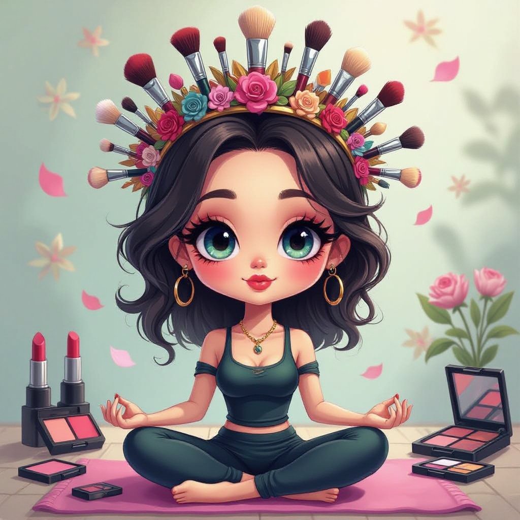 Create a chibi character mid 30’s lady who is the meditating with crown of makeup stuff