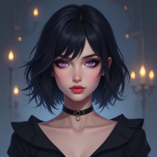 Create chunky mysterious woman jet-black hair is cut sharp to her jawline, and her violet eyes seem to pierce through darkness. A shadowy aura clings to her form, faint shapes shifting and flickering behind her like whispers of another realm.