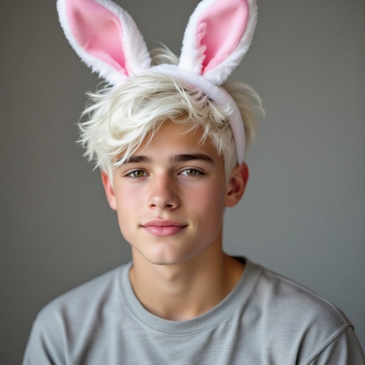 Hot teenage boy with white hair and bunny ears