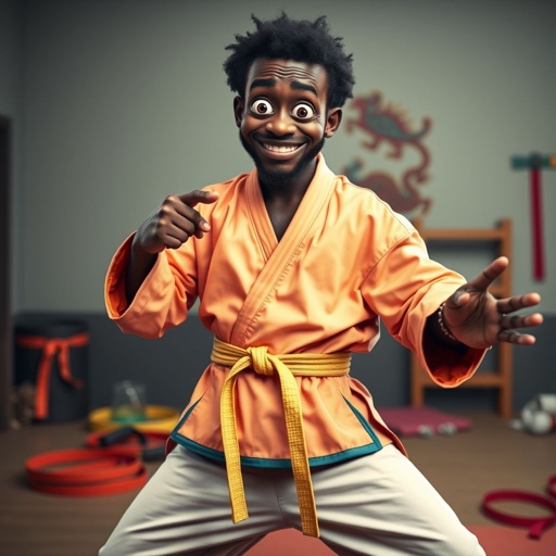 Create a character who looks like a funny African karate guy who doesn’t have a clue what he is doing