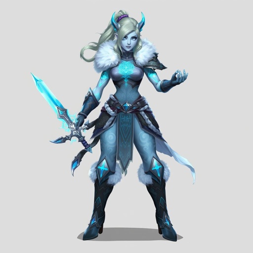 Create a battle woman hero called Alvara the Frostheart. Show full body head to toe including shoes