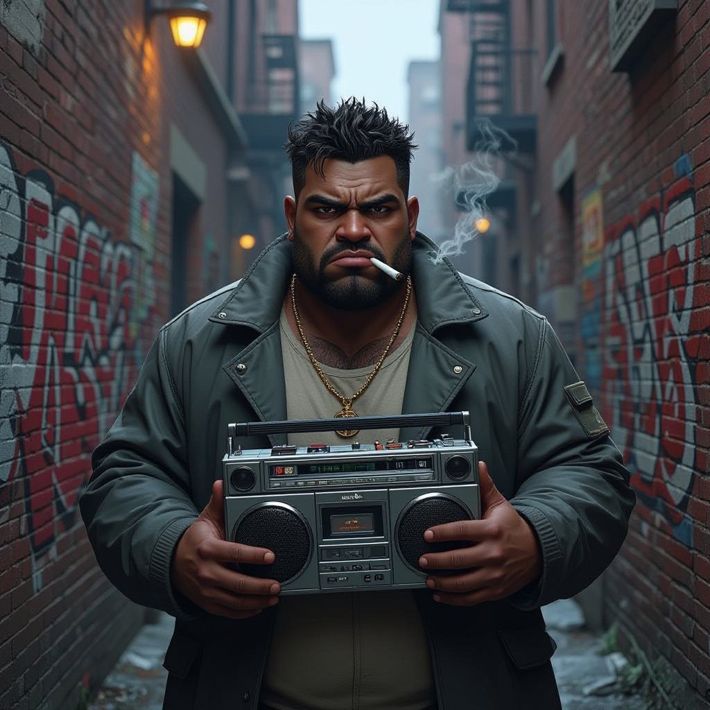Create a kinda dark skin funny fat guy who isnt friendly from New York  has a boom box radio and is a stoner 