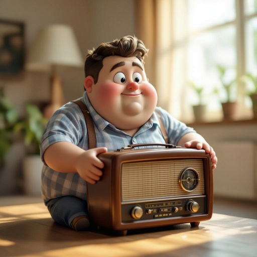 Create a funny fat guy who has a book box radio , make it kinda cartoonish 