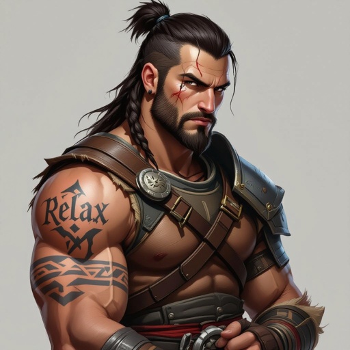 Resting warrior with a tattoo called relax, avatar , less hair