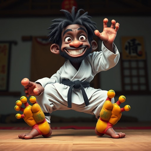 Create a character who looks like a funny African karate guy who doesn’t have a clue what he is doing. Make him have weird toes