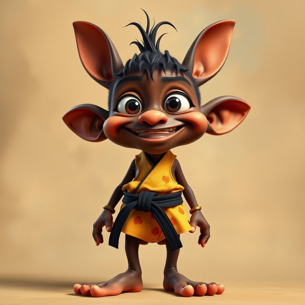 Create a character who looks like a funny African karate guy who doesn’t have a clue what he is doing. Make him have weird toes, only speedos on and a black karate belt.