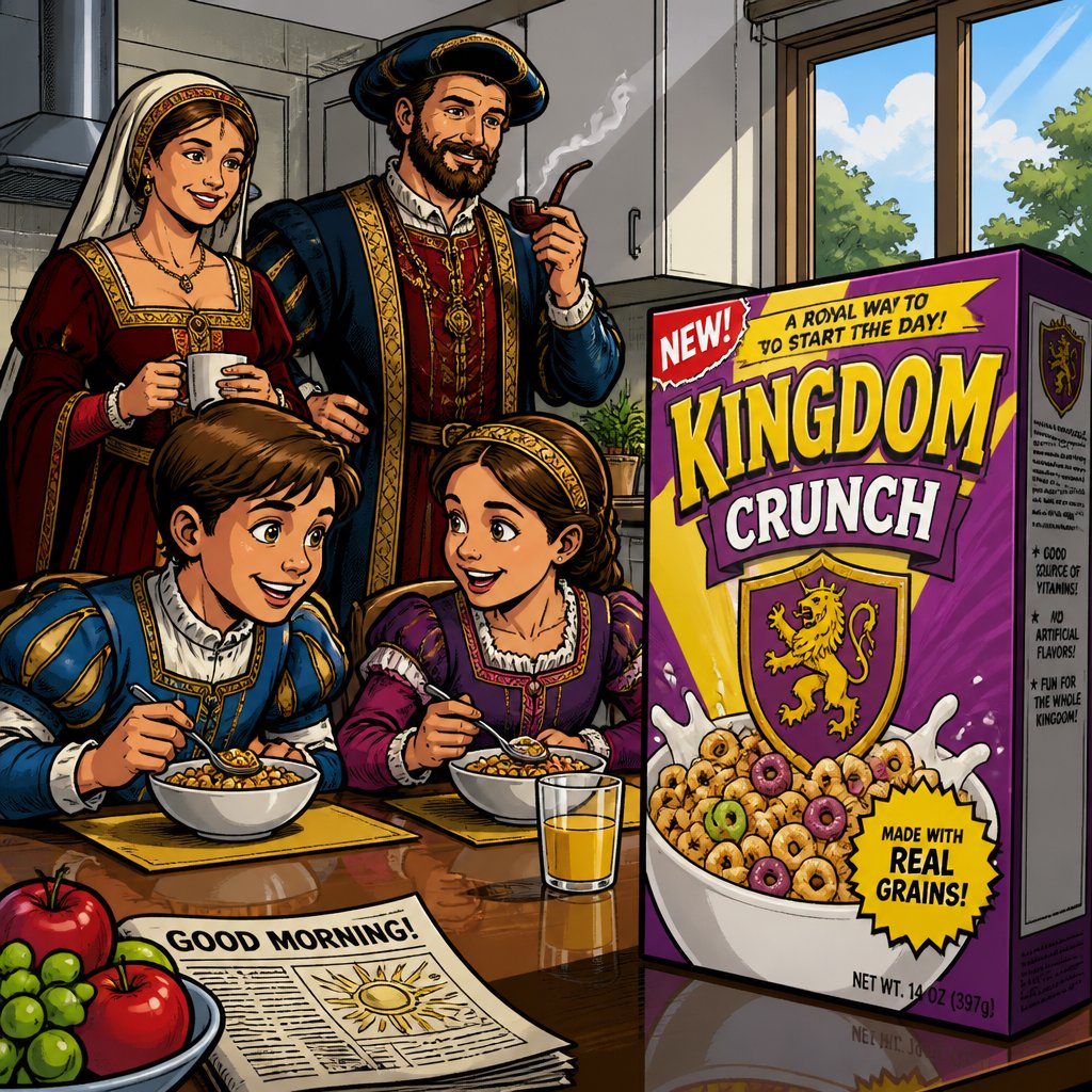 Two children about 10 or 12 one boy one girl dressed in renaissance outfits are sitting at a modern breakfast table in a modern kitchen on the table is a big box of cereal standing nearby. Also dressed in an donate Renaissance robe is the mother and father dressed in our nature Renaissance robes with a pipe, smiling no caricature no speech bubbles no print dots highly realistic and vivid color. A nice sunny day. Wide angle shot, but focussing on the serial.