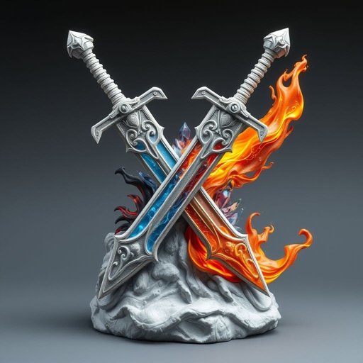 2 swords crossed no human with fire and ice coming from them