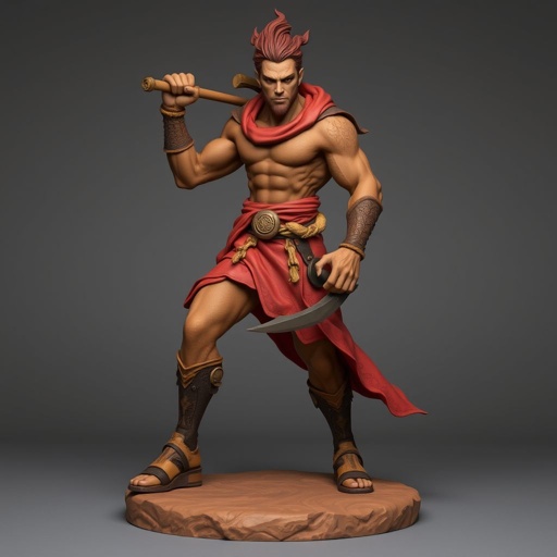 Create handsome hero Rhen the Fire – A lean, muscular man. He wears layered, flowing desert robes dyed in warm reds and golds, with scorch marks where flames have licked them. A curved blade hangs at his hip. Show whole body head to toe including her shoes.