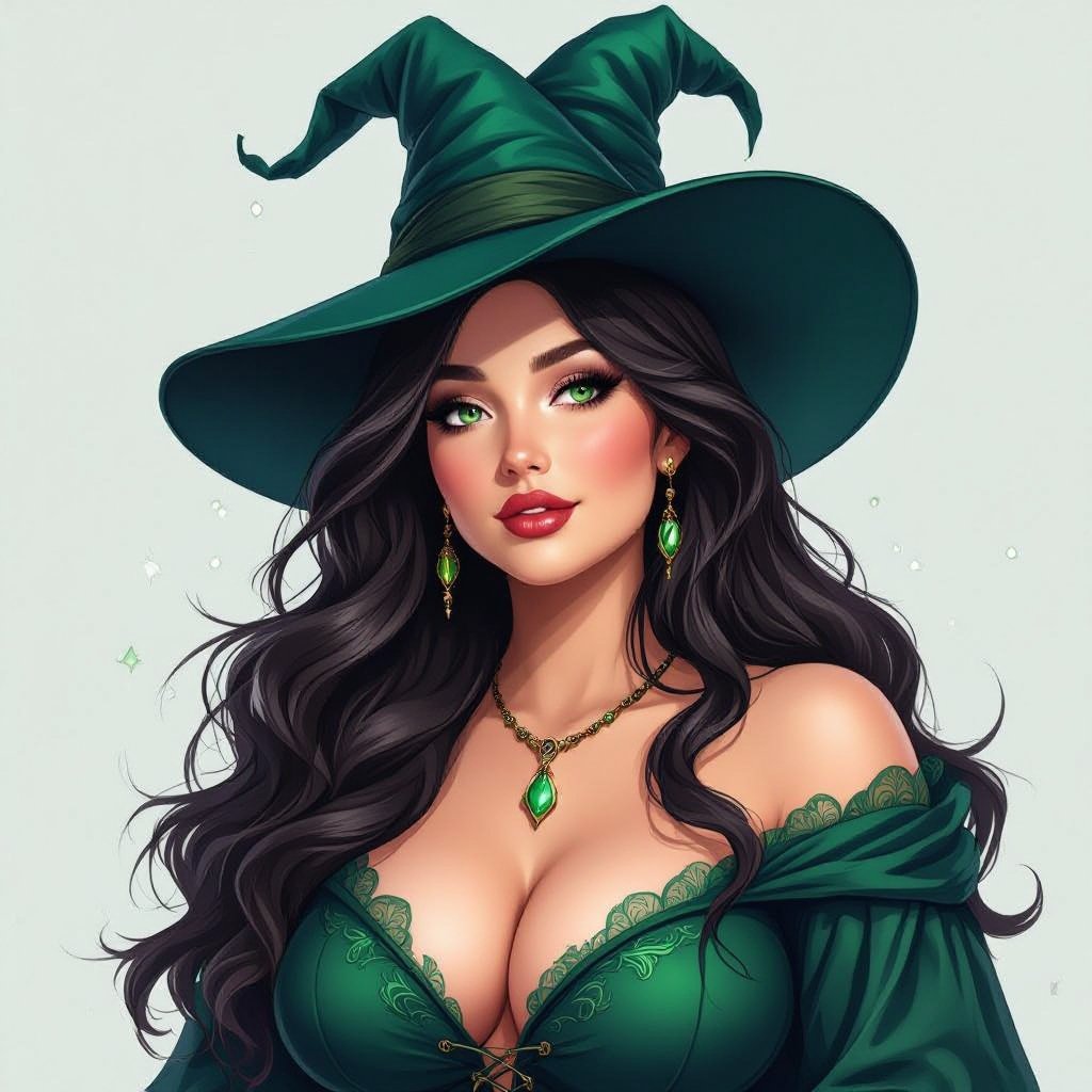 A curvey plus size witch with long hair and a witch dark green or blue hat that matches with her dress